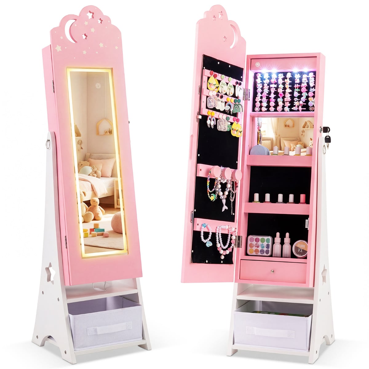 ZYNOR Kids Jewelry Cabinet with Sensor Lights and Full-Length Mirror-Pink