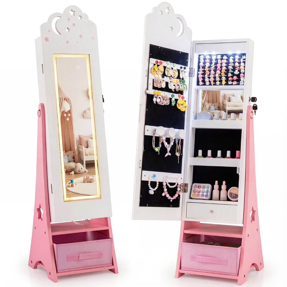 ZYNOR Kids Jewelry Cabinet with Sensor Lights and Full-Length Mirror-White