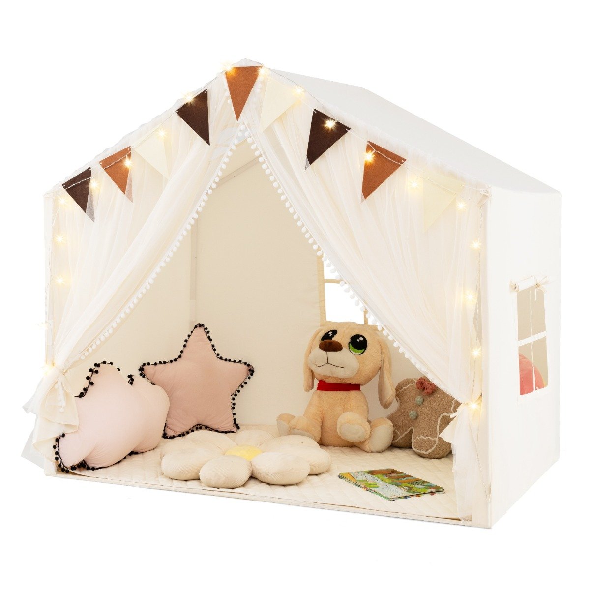 XOA Kids Play Tent 3-4 Kids Large Play Tent House with Fabric and Screen Curtains-Beige
