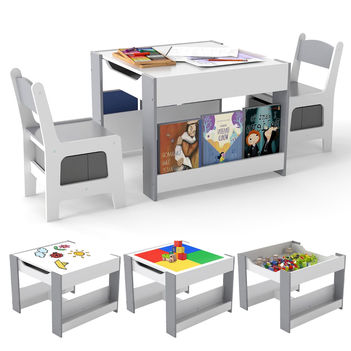 DANLORE Kids Table and 2 Chairs Set Multifunctional Activity Table with Reversible Tabletop-Grey