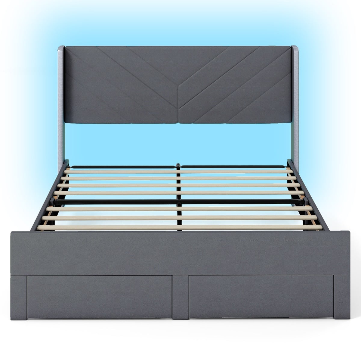 VRIX King Size Bed Frame with LED Lights Dutch Velvet Upholstered Platform Bed-Grey