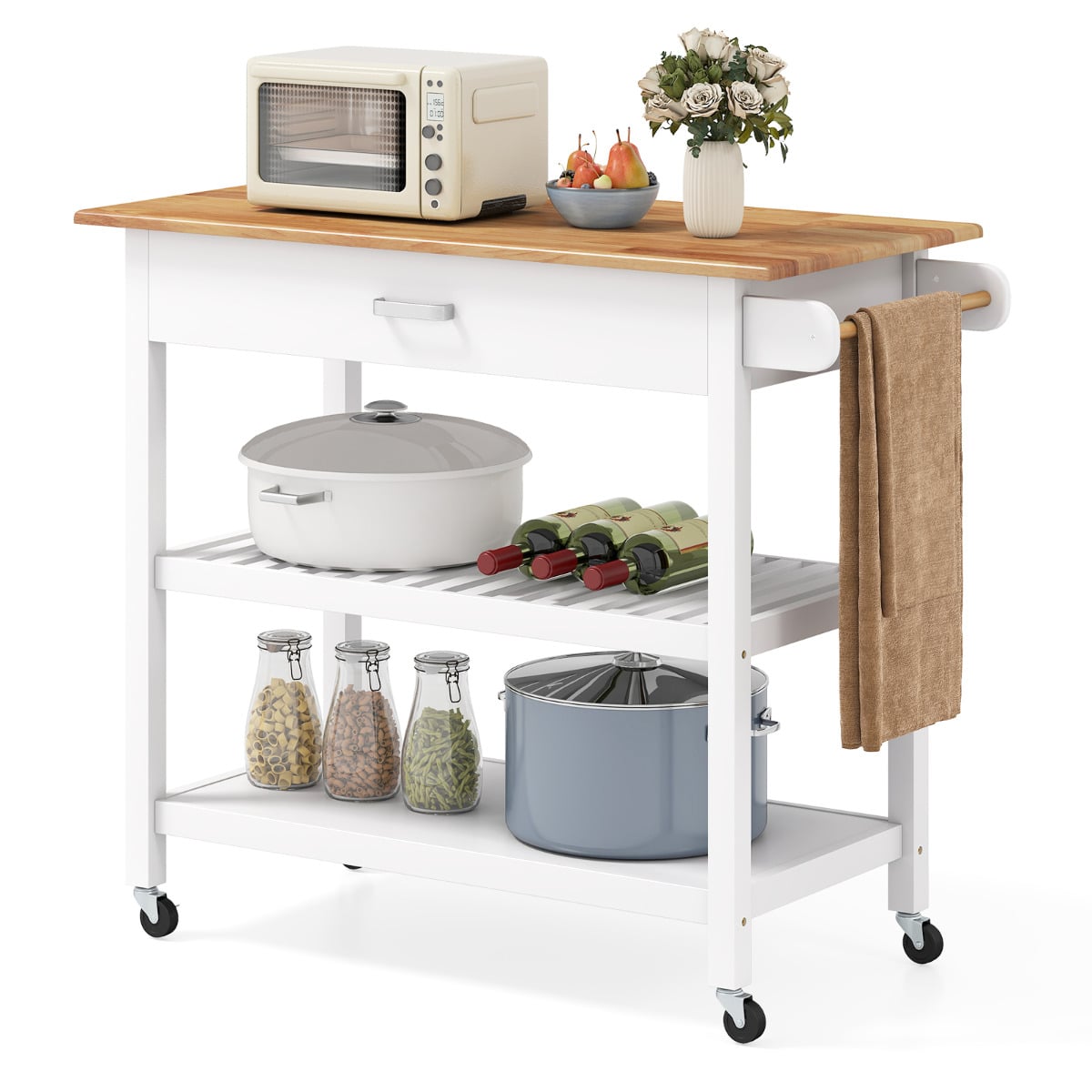 HARTHORNE Kitchen Island with Open Shelves and Lockable Casters-White