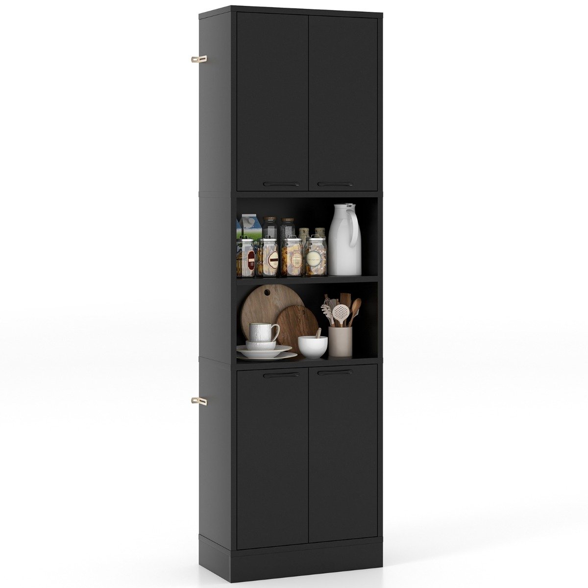 Kitchen Cabinet - 190cm Tall Freestanding Cupboard with Doors and Shelves-Black