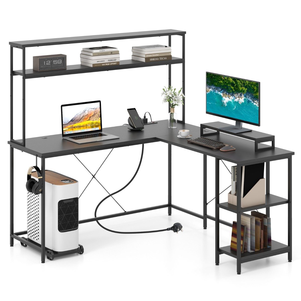 MONEA L-Shaped Gaming Desk with LED Strip and Power Outlets-Black
