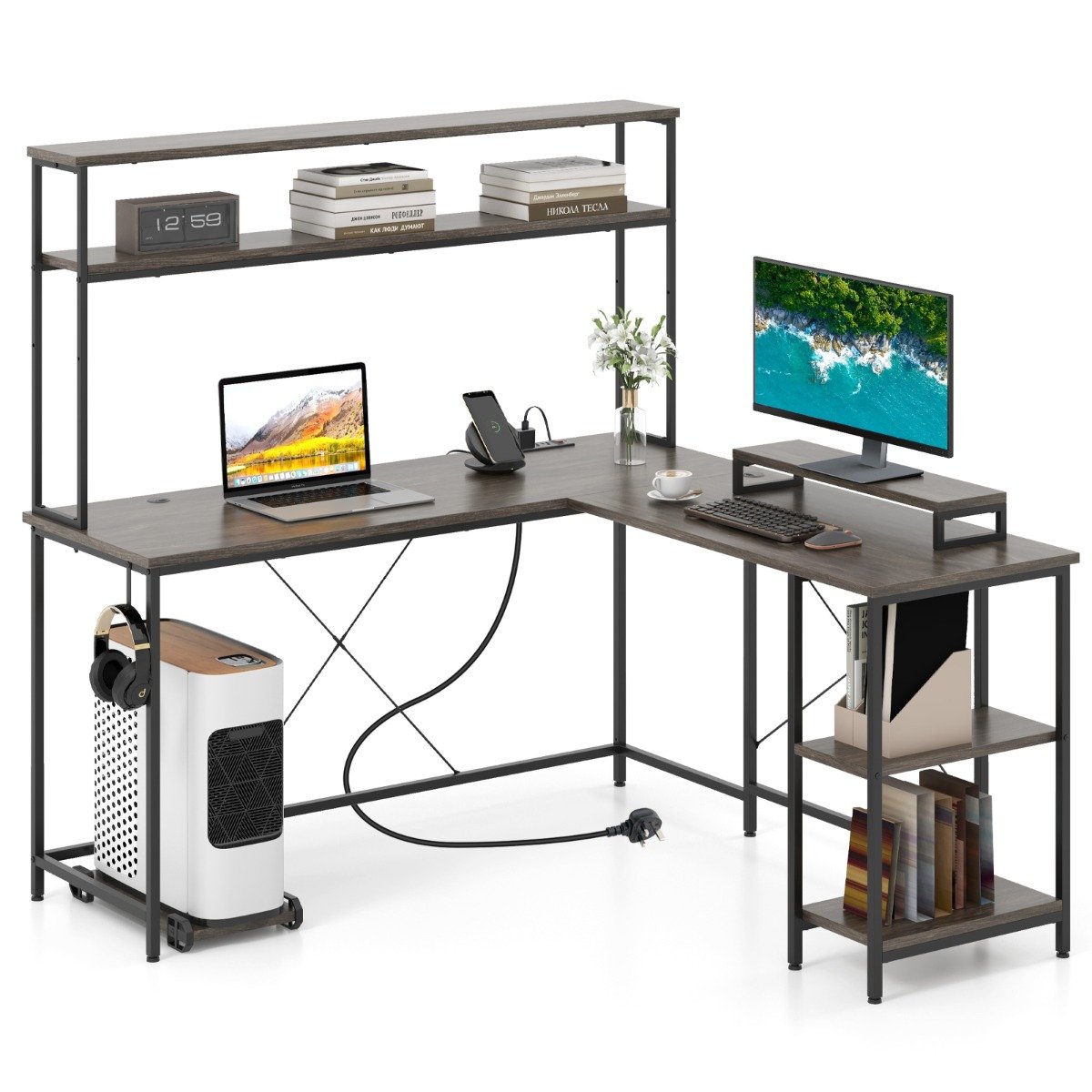 MONEA L-Shaped Gaming Desk with LED Strip and Power Outlets-Grey