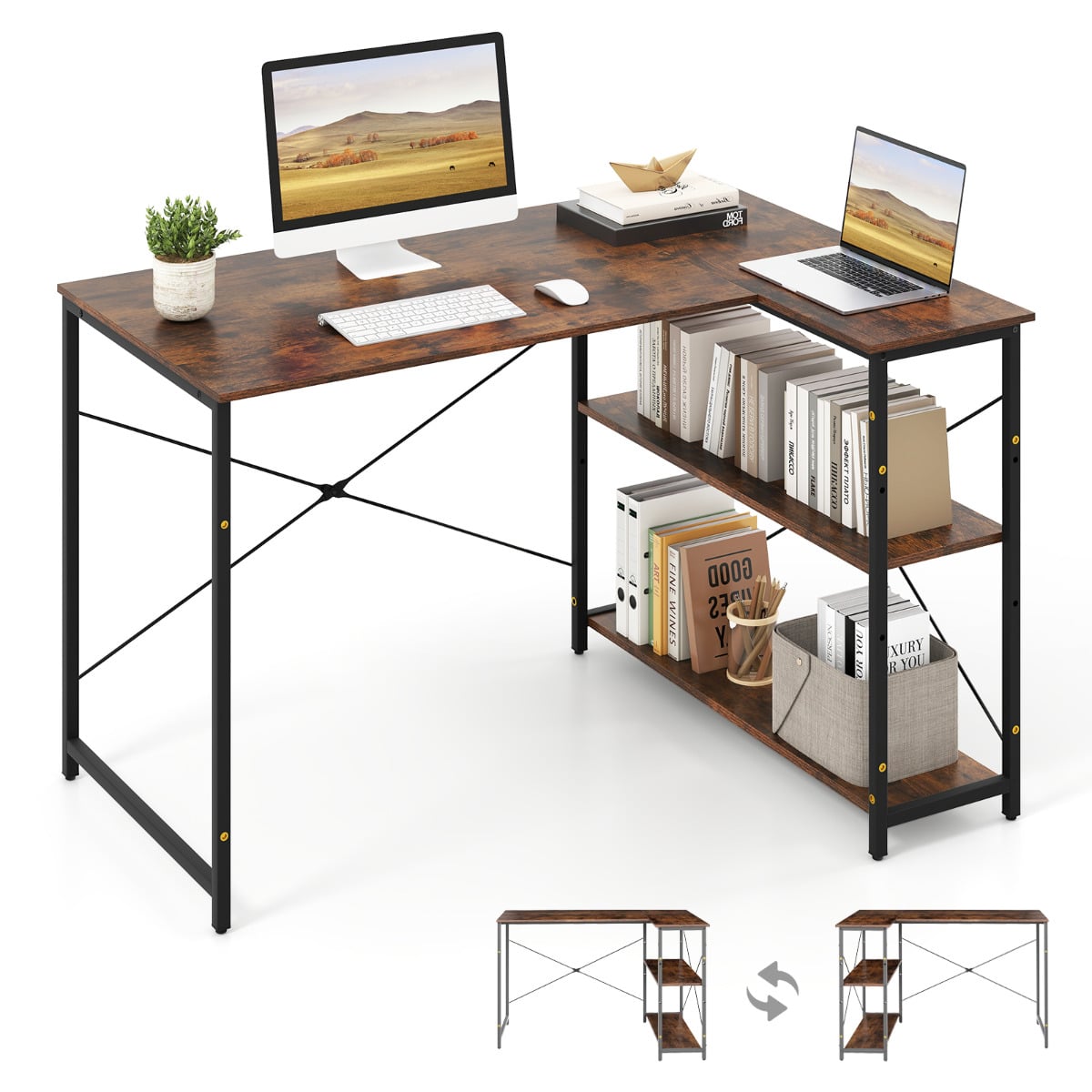 WIORA L-shaped Computer Desk Reversible Corner Desk with Adjustable Shelf-Rustic Brown