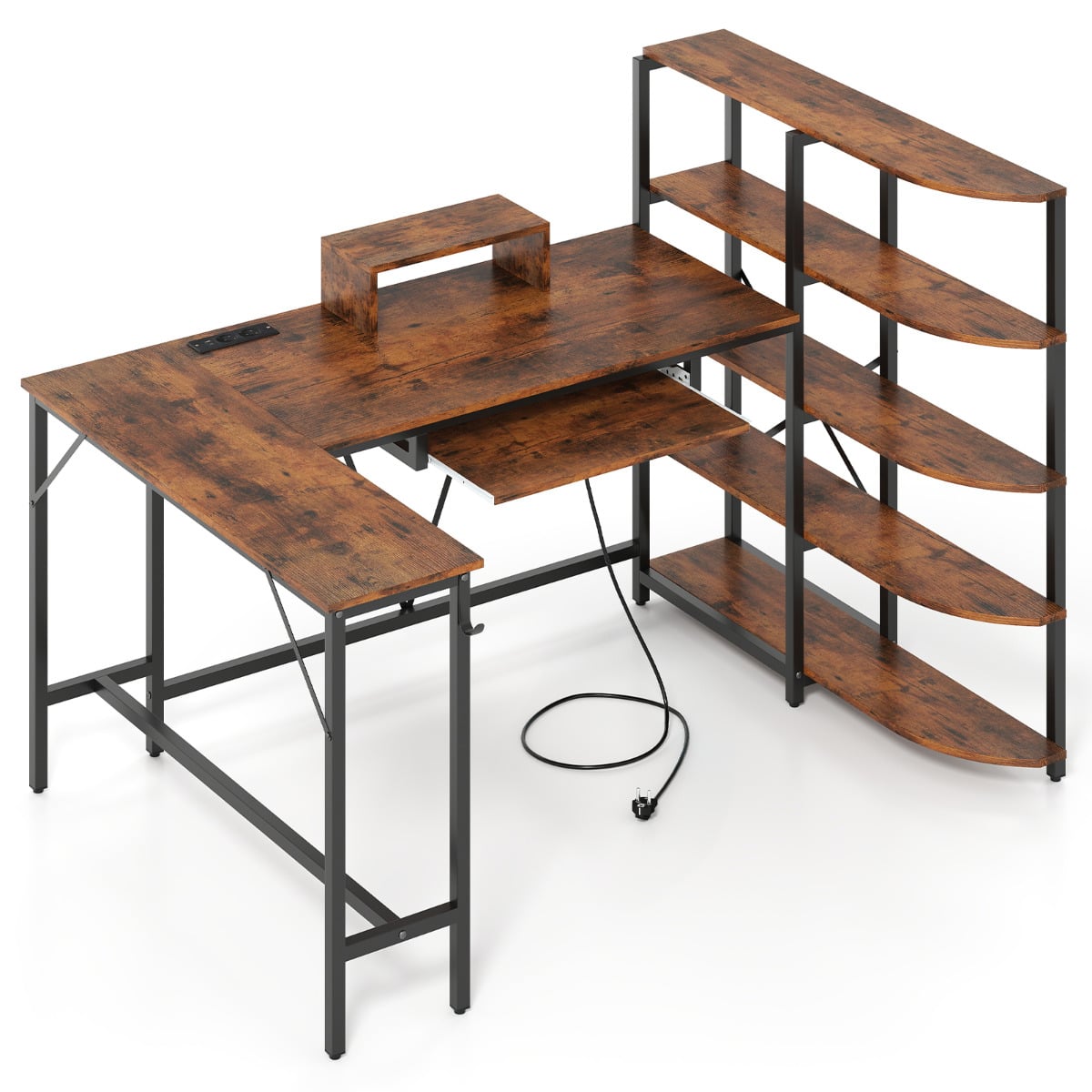XIREX L-Shaped Desk with Shelves & Charging Station-Rustic Brown