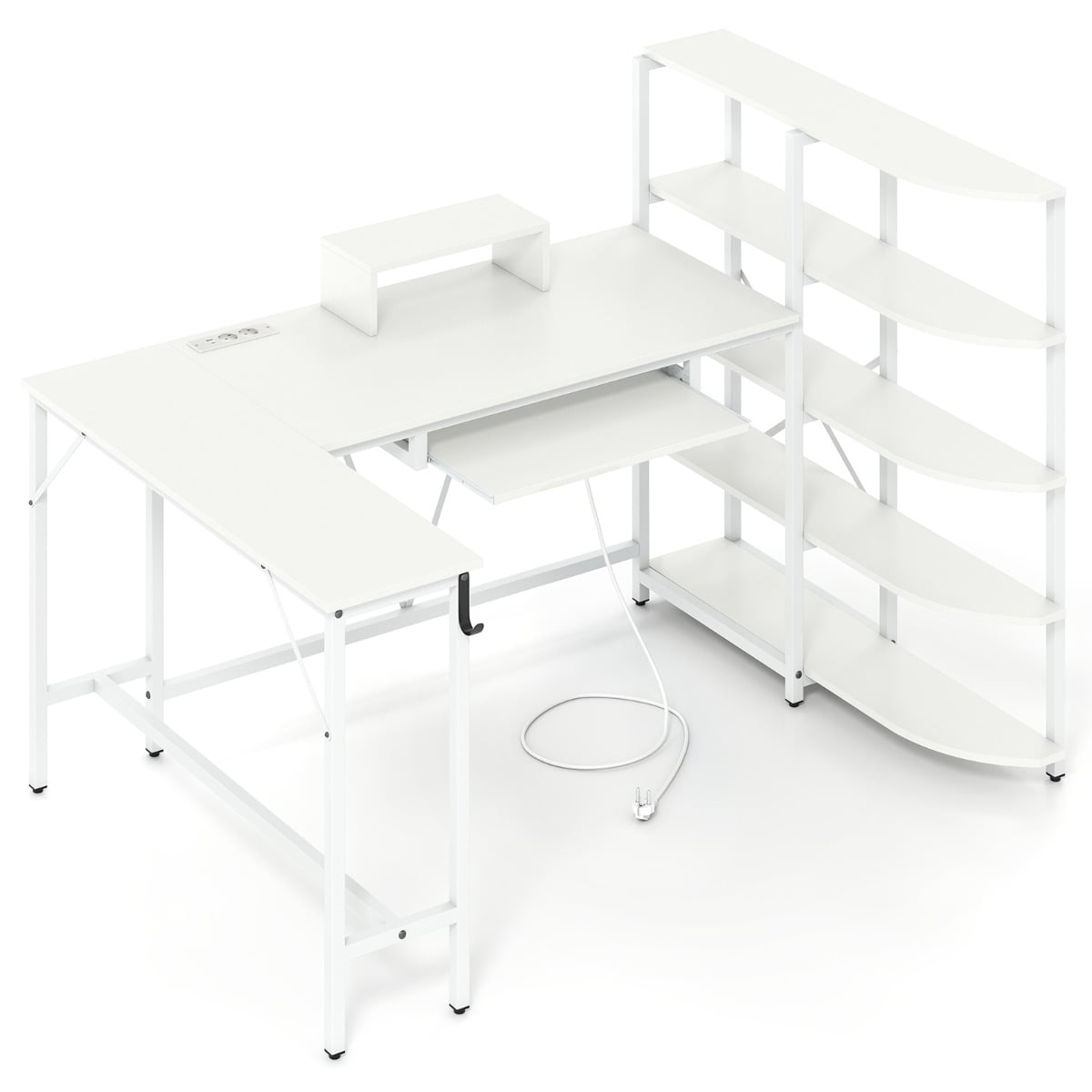 XIREX L-Shaped Desk with Shelves & Charging Station-White