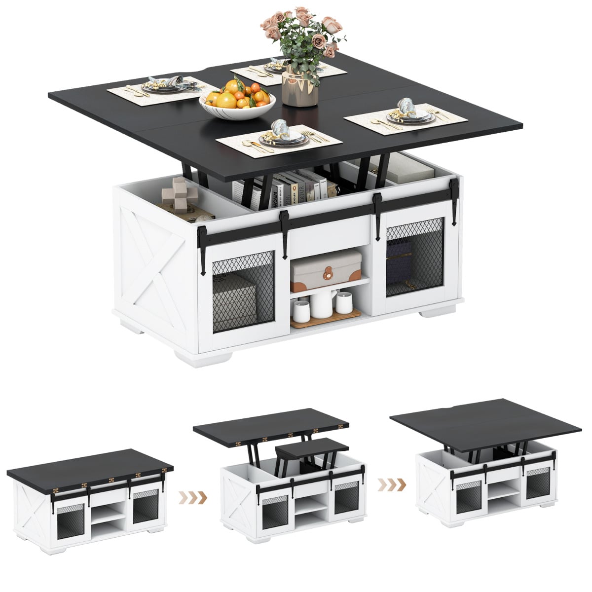 ZIREL Lift Top Coffee Table with 2 Sliding Barn Doors and Open Shelves-Black