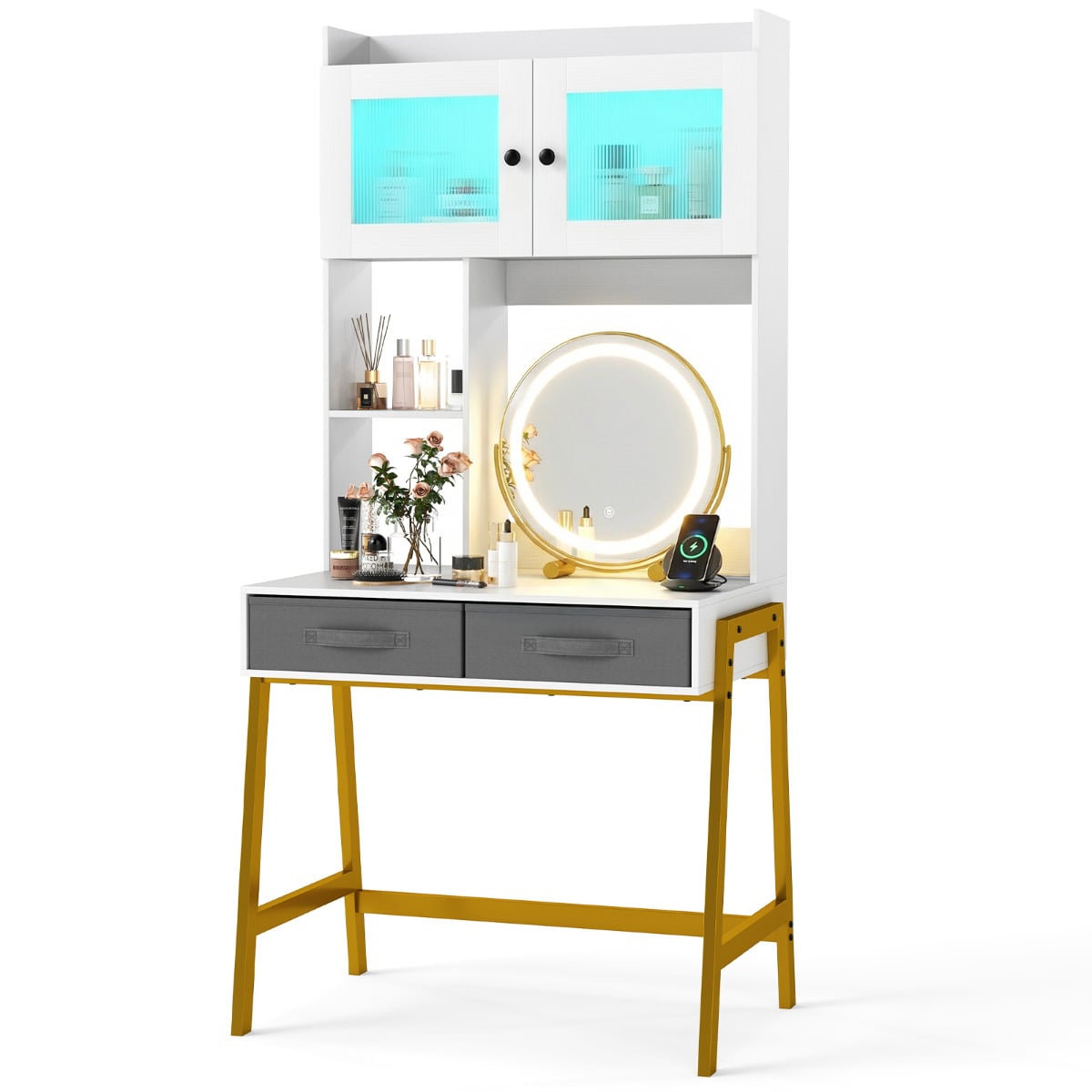 ZAVOR Makeup Vanity Desk with Rotating Mirror and Adjustable Light-White