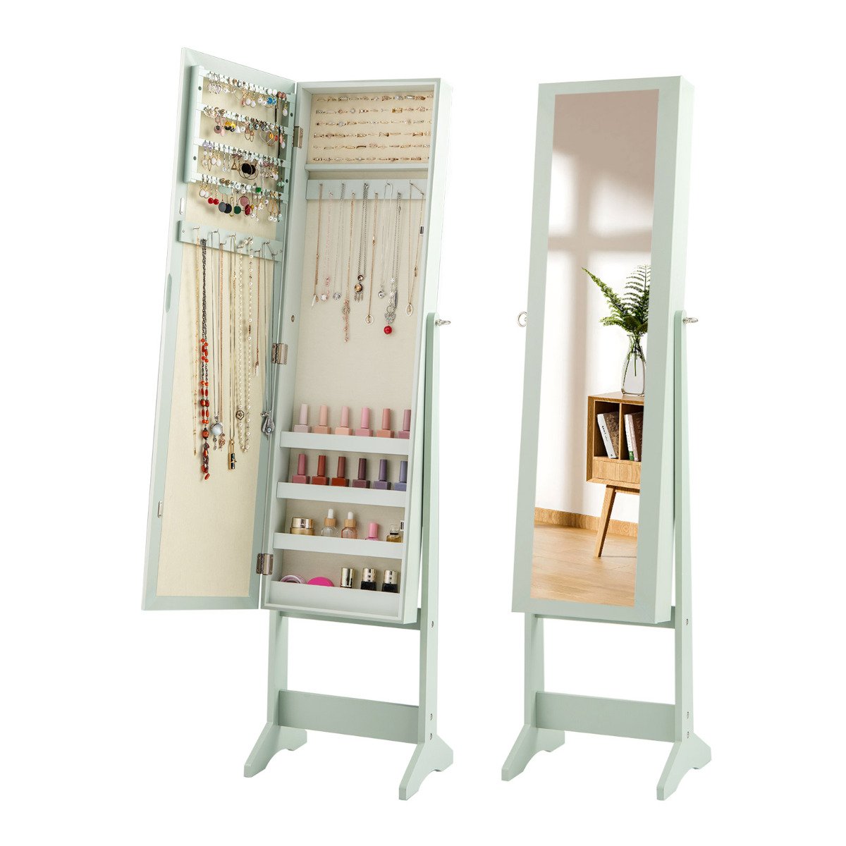 MORA Mirrored Jewelry Armoire with Full-Length Mirror and 3 Tilting Angles-Green