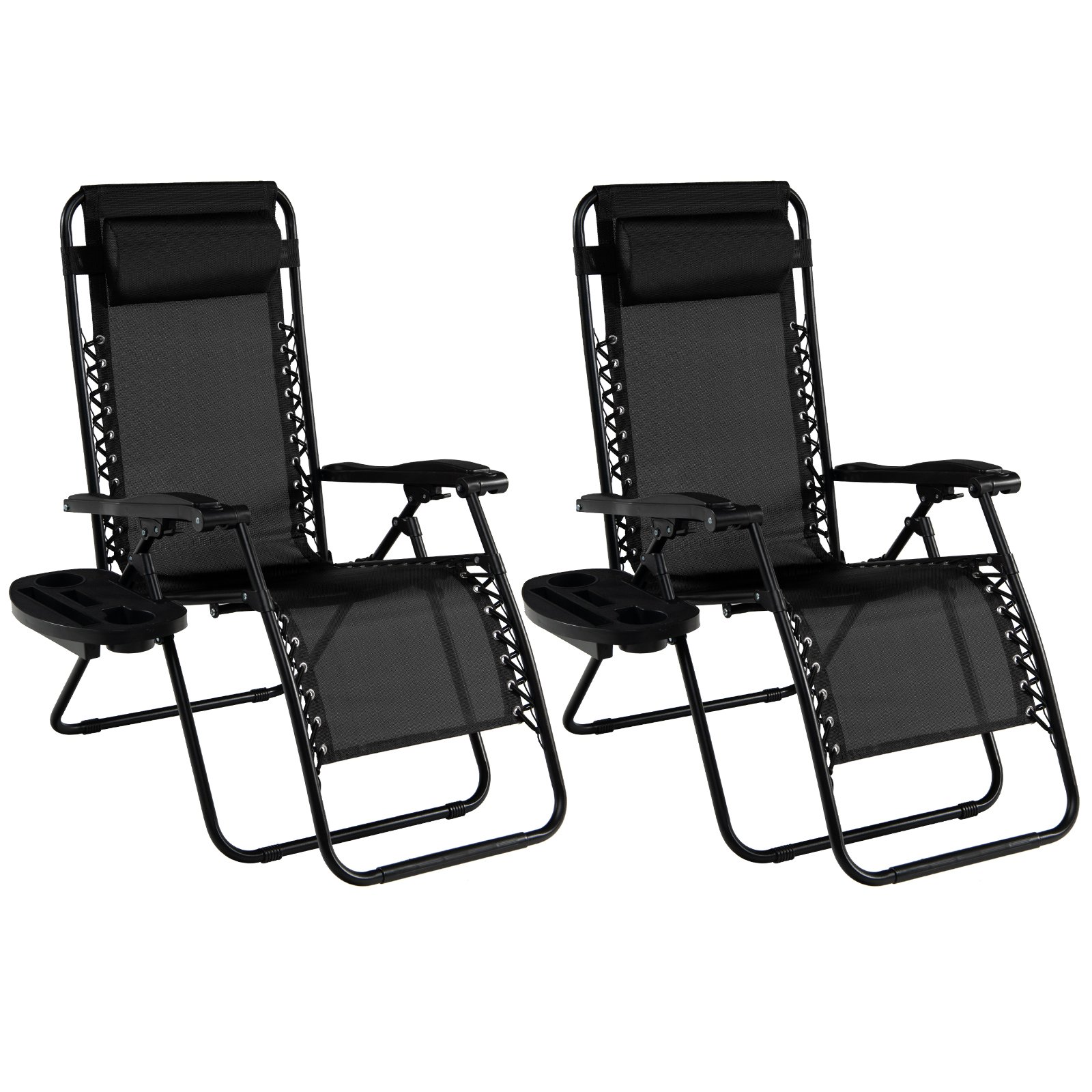 REORTY Folding Patio Recliners with Removable Headrest and Cup Holder Set of 2-Black