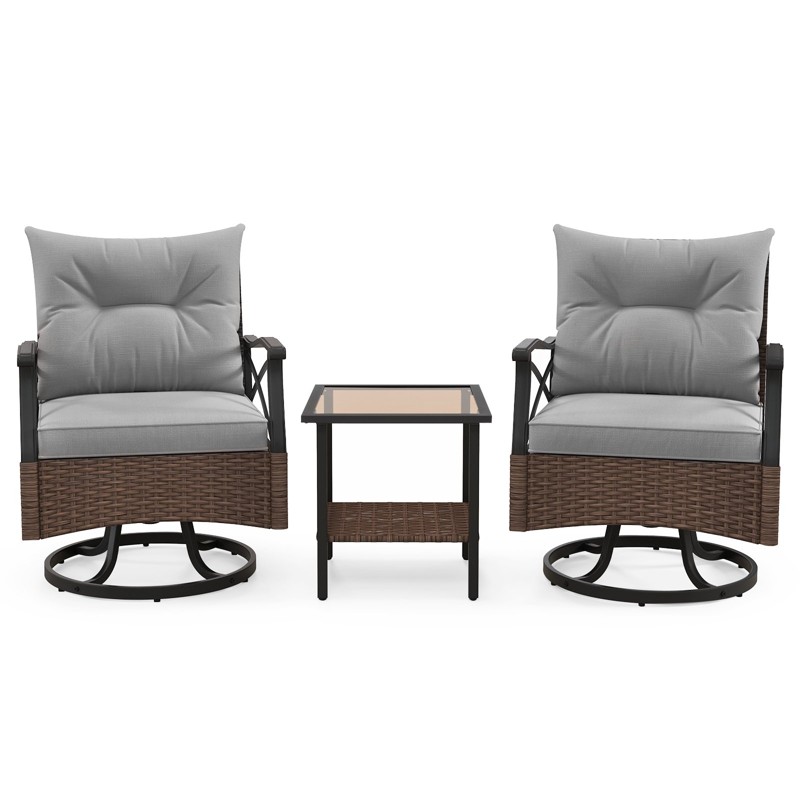 Patio Set - 3 Piece Patio Swivel Rocker Set with 2Tier Coffee Table - Grey