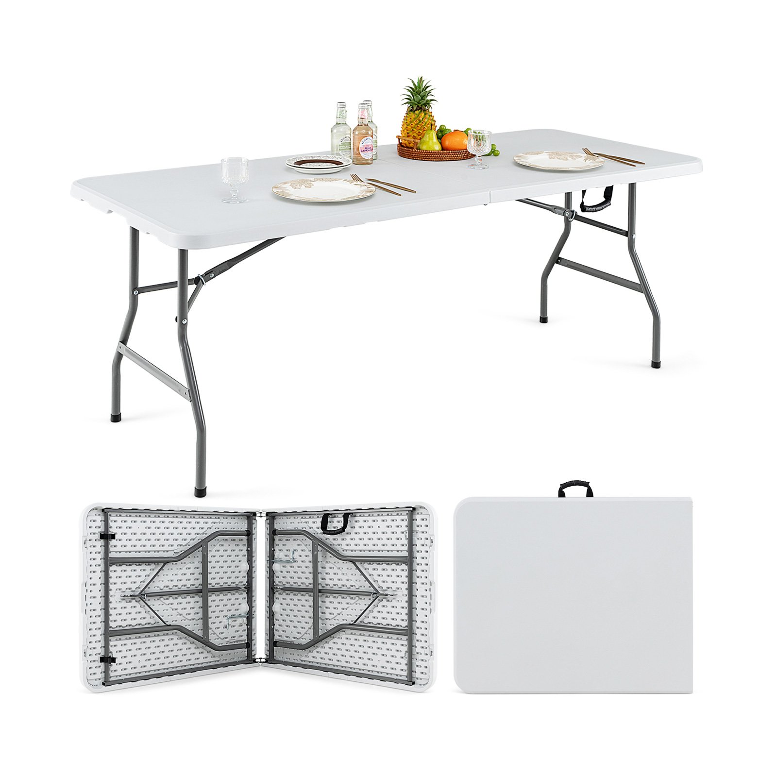 Camp Furniture - 180 CM Folding Plastic Dining Table with Handle Metal Legs and Non-slip Foot Pads