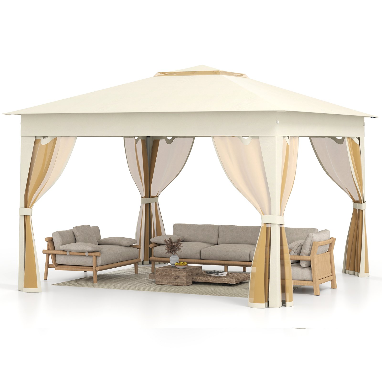 RAVEUR 338 x 338 CM Pop Up Gazebo with Mesh Netting and Double Roof-Beige