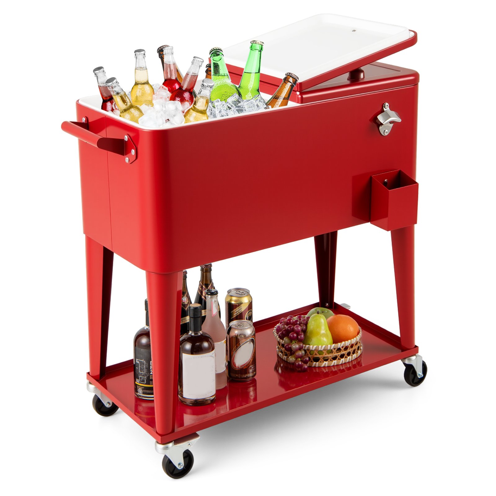 LEMFORD 75 L Portable Patio Rolling Ice Chest with Bottom Storage Shelf-Red