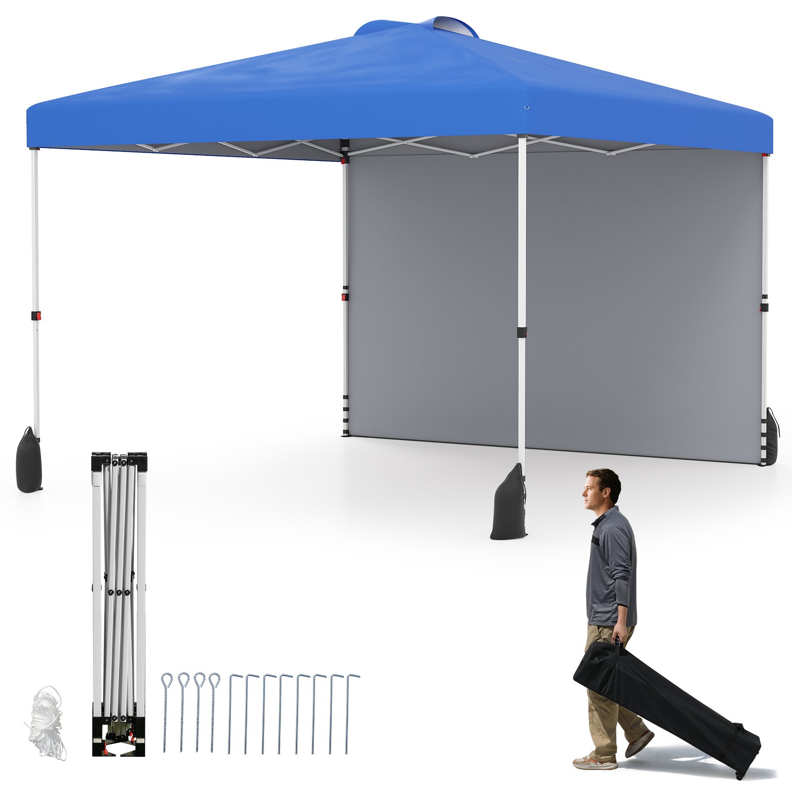 ZEXO 3 x 3 m Pop up Canopy Tent with 1 Sidewall Wheeled Bag-Blue