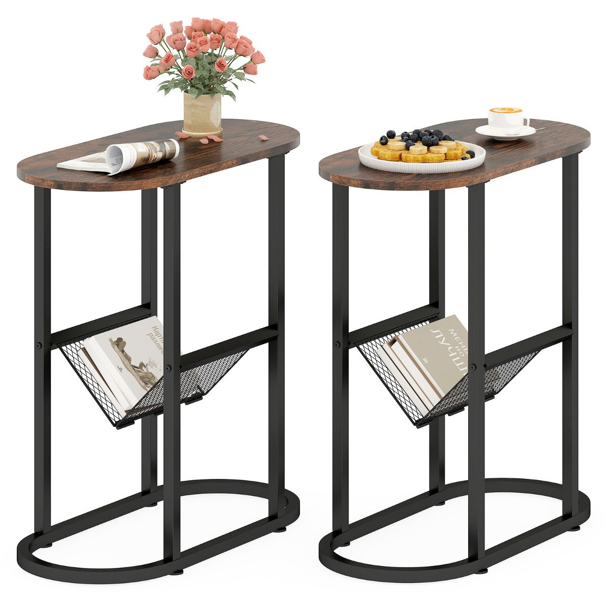 FALLOWIX 2-Tier Oval End Table Set of 2 Space-saving Slim Couch Side Table -Rustic Brown