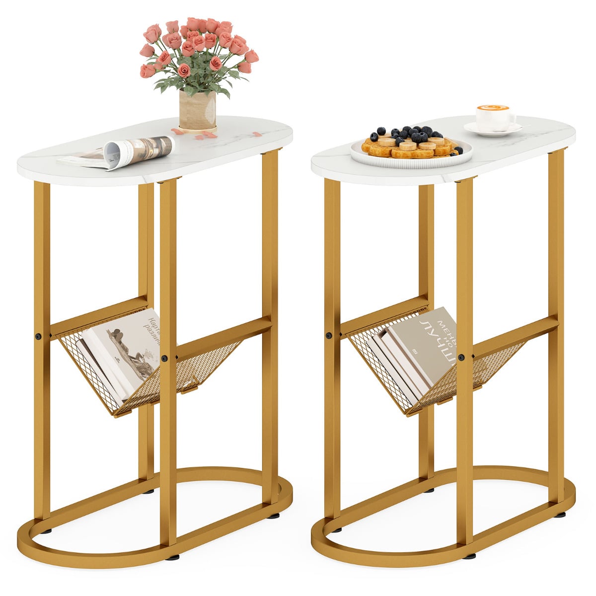FALLOWIX 2-Tier Oval End Table Set of 2 Space-saving Slim Couch Side Table -White