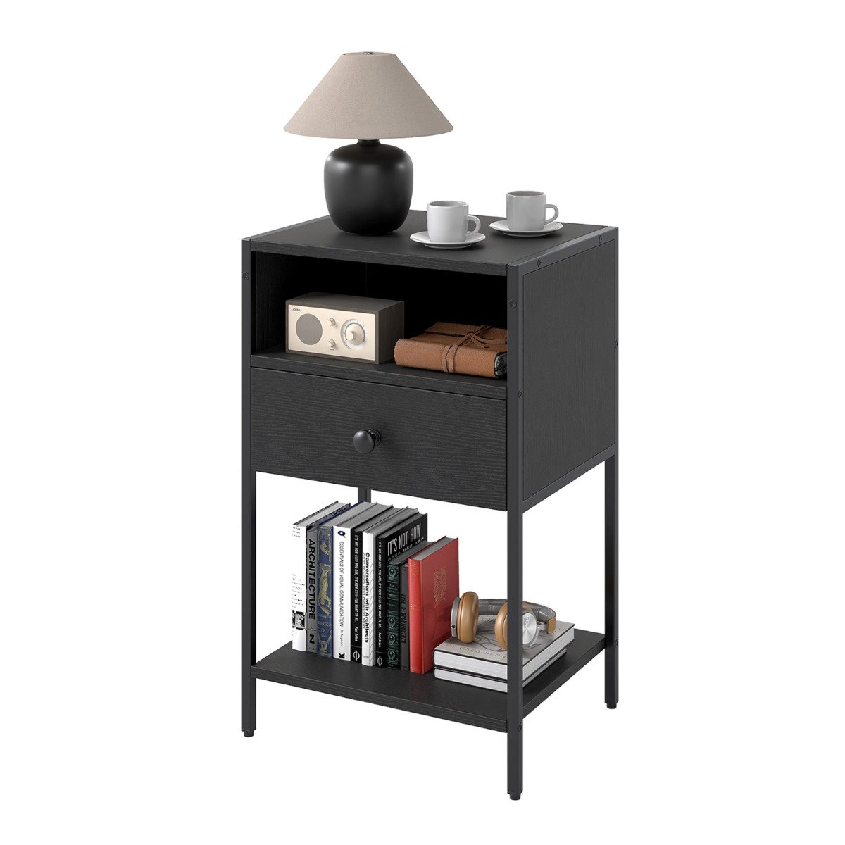 CINDALE Nightstand with Open Compartment and Storage Shelf-Black