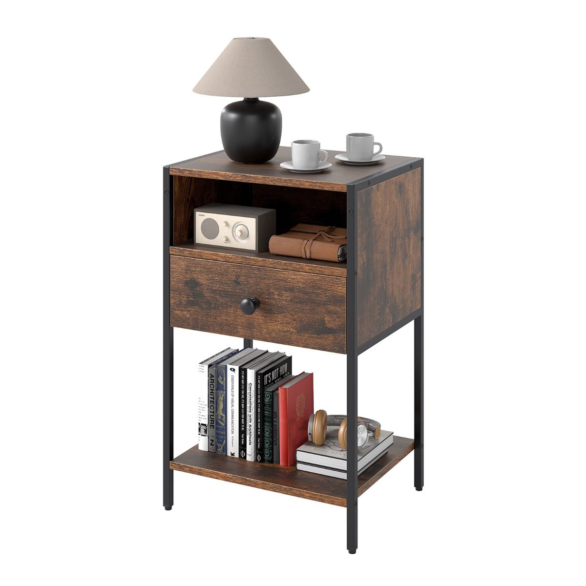 CINDALE Nightstand with Open Compartment and Storage Shelf-Rustic Brown