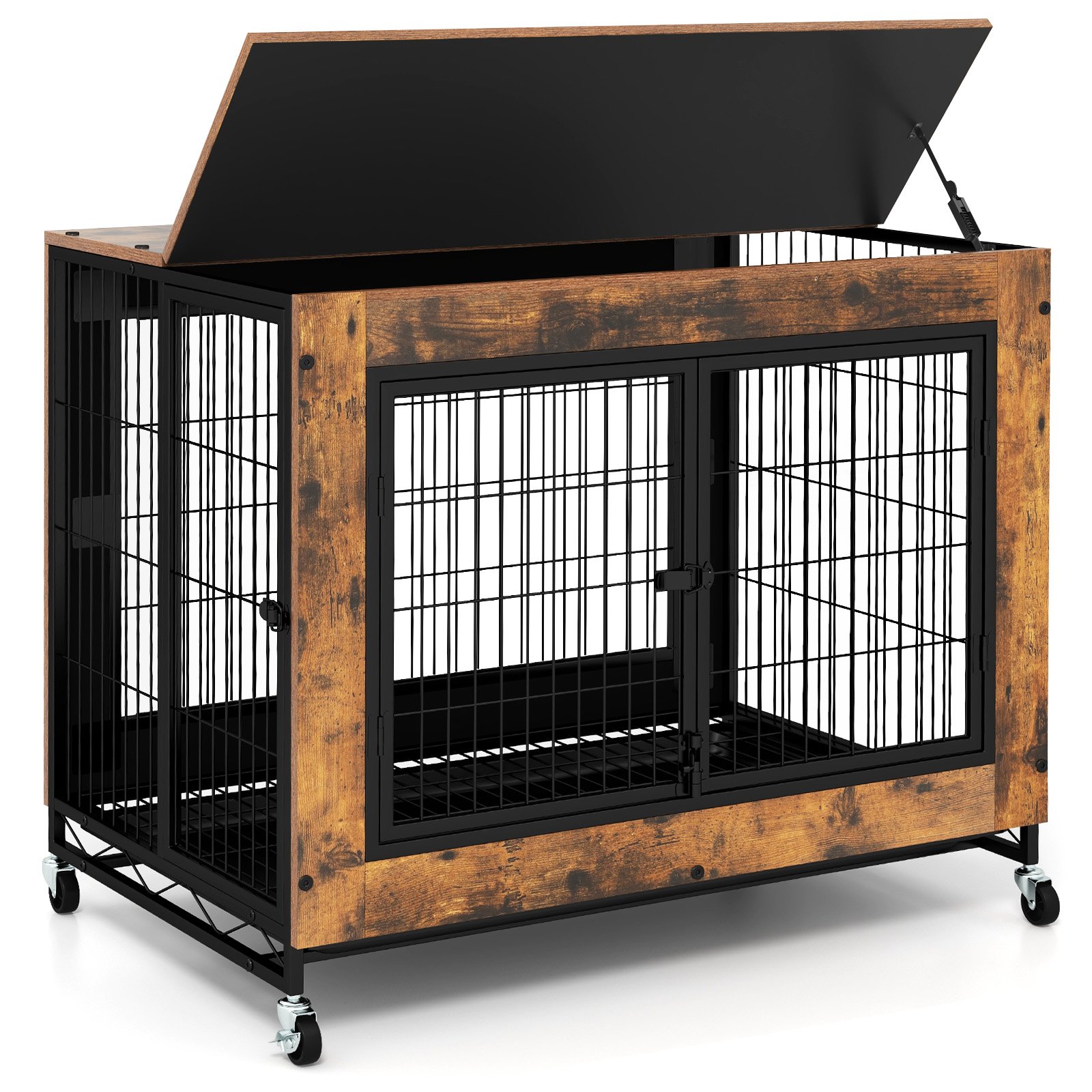 MARVORN Industrial Dog Kennel with Flip-up Top and 3 Lockable Doors-Rustic Brown