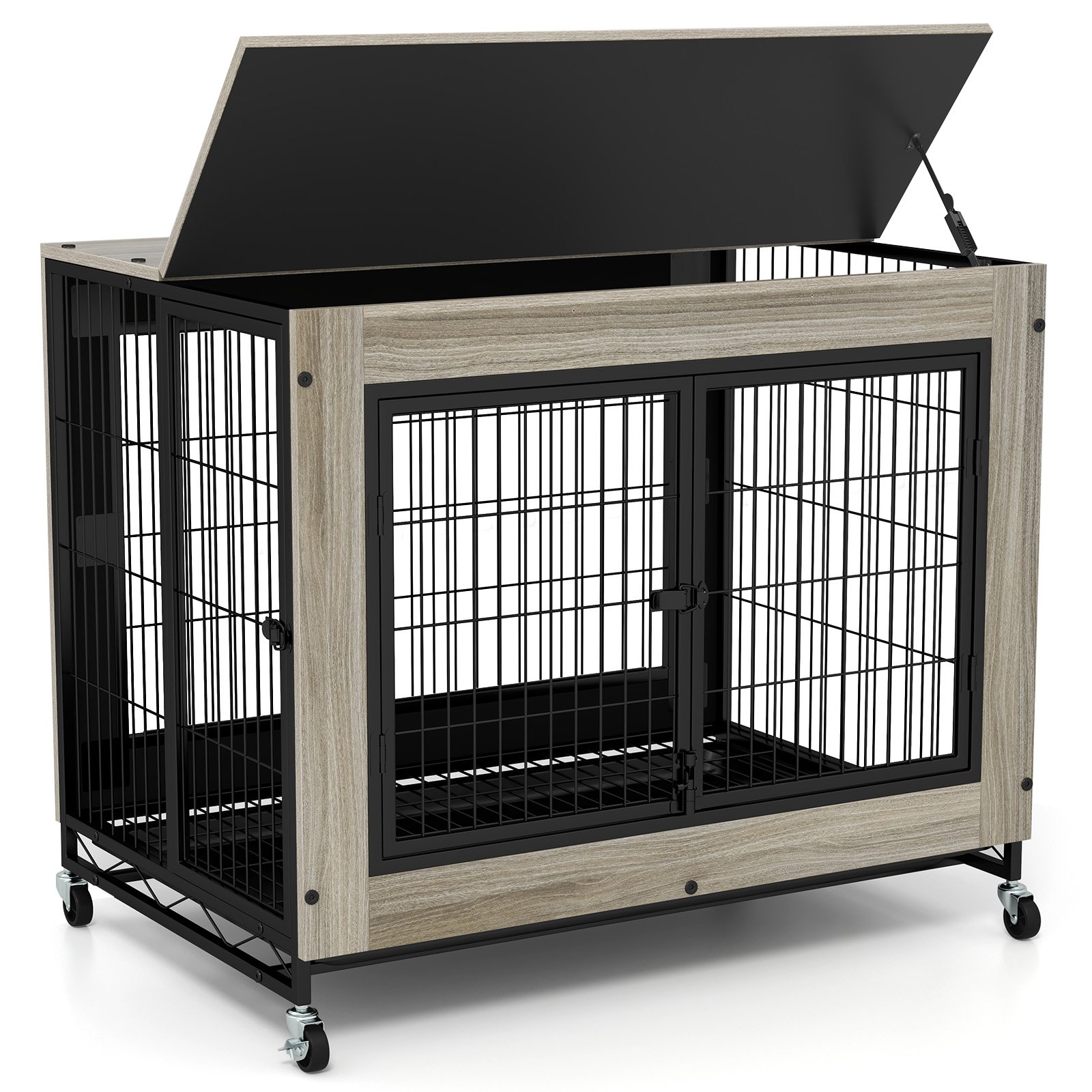 MARVORN Industrial Dog Kennel with Flip-up Top and 3 Lockable Doors-Grey