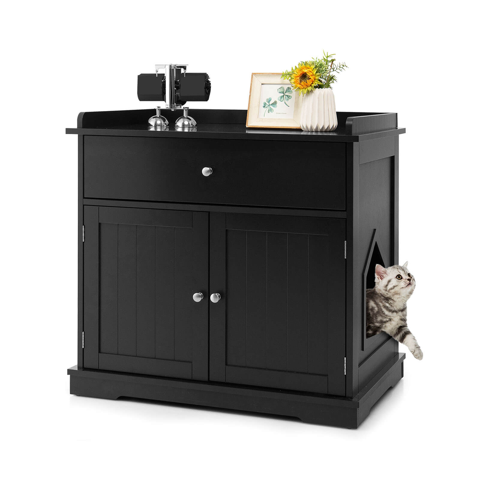 UREL Large Wooden Cat Litter Box Hidden Washroom Toilet with Drawer-Black