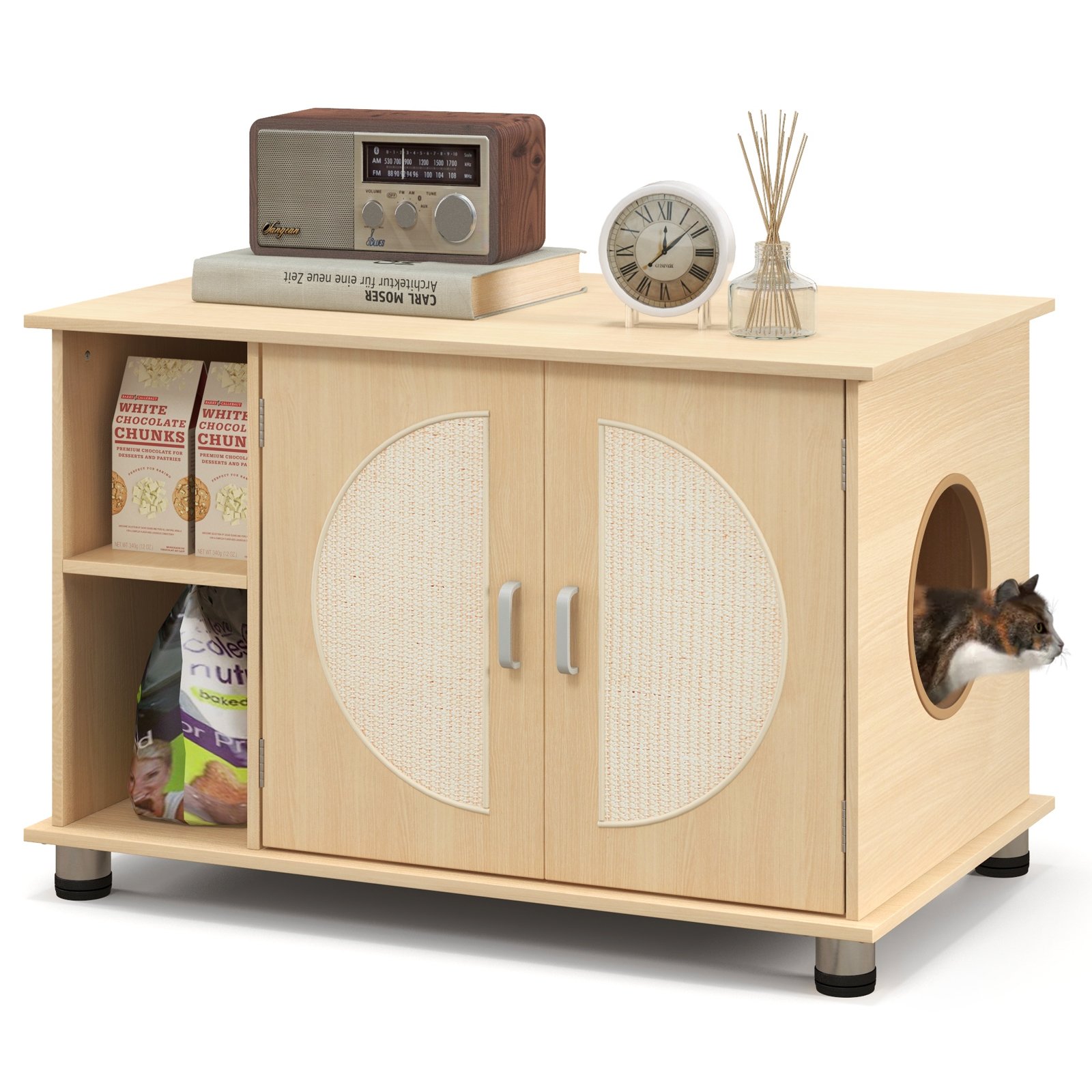 Cat Furniture - Cat Litter Box Enclosure with Sisal Scratching Doors and Adjustable Metal Feet-Natural