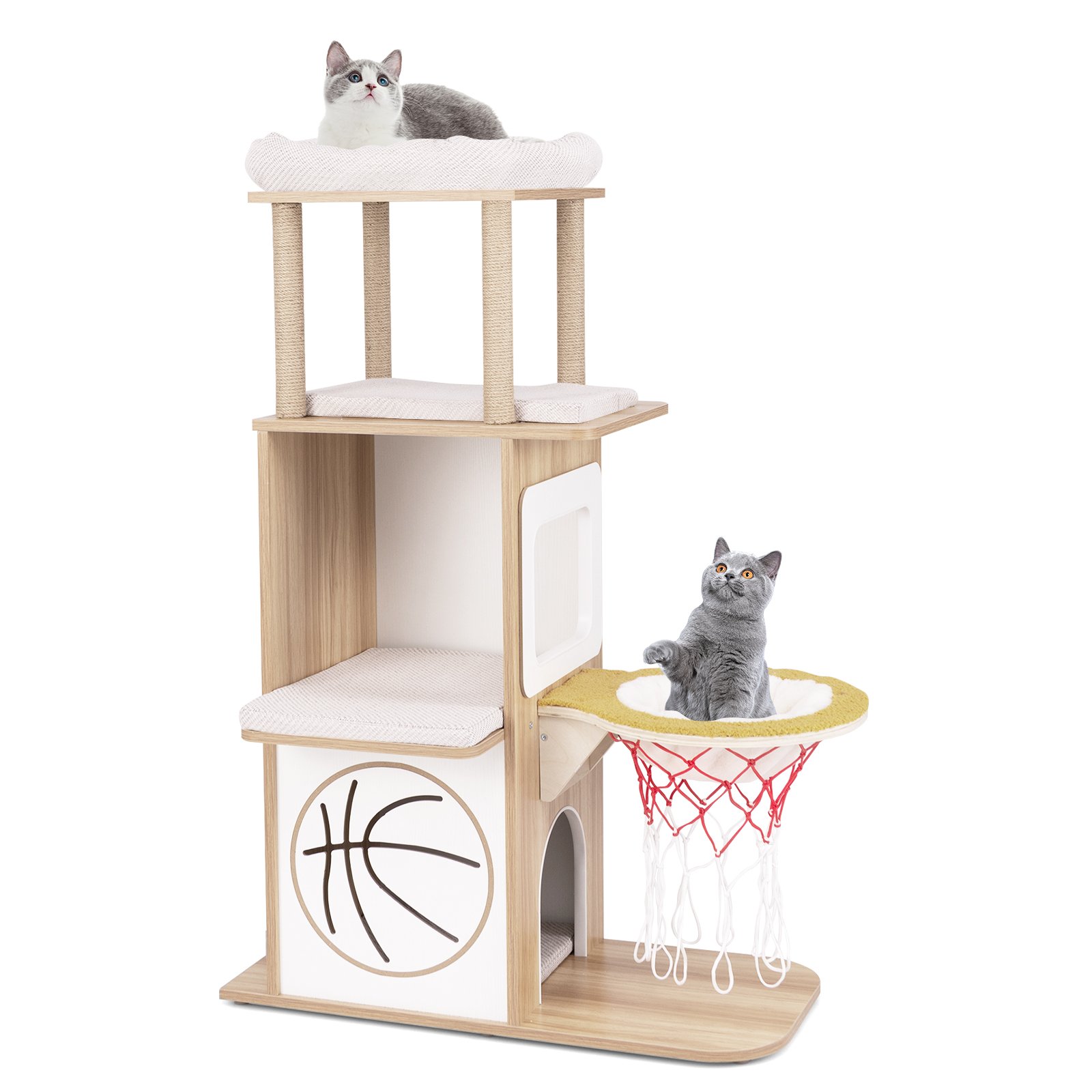 Cat Furniture - 5-Layer Sports-Themed Cat Tower with 2 Cat Condos and Basketball Hoop Hammock-Natural