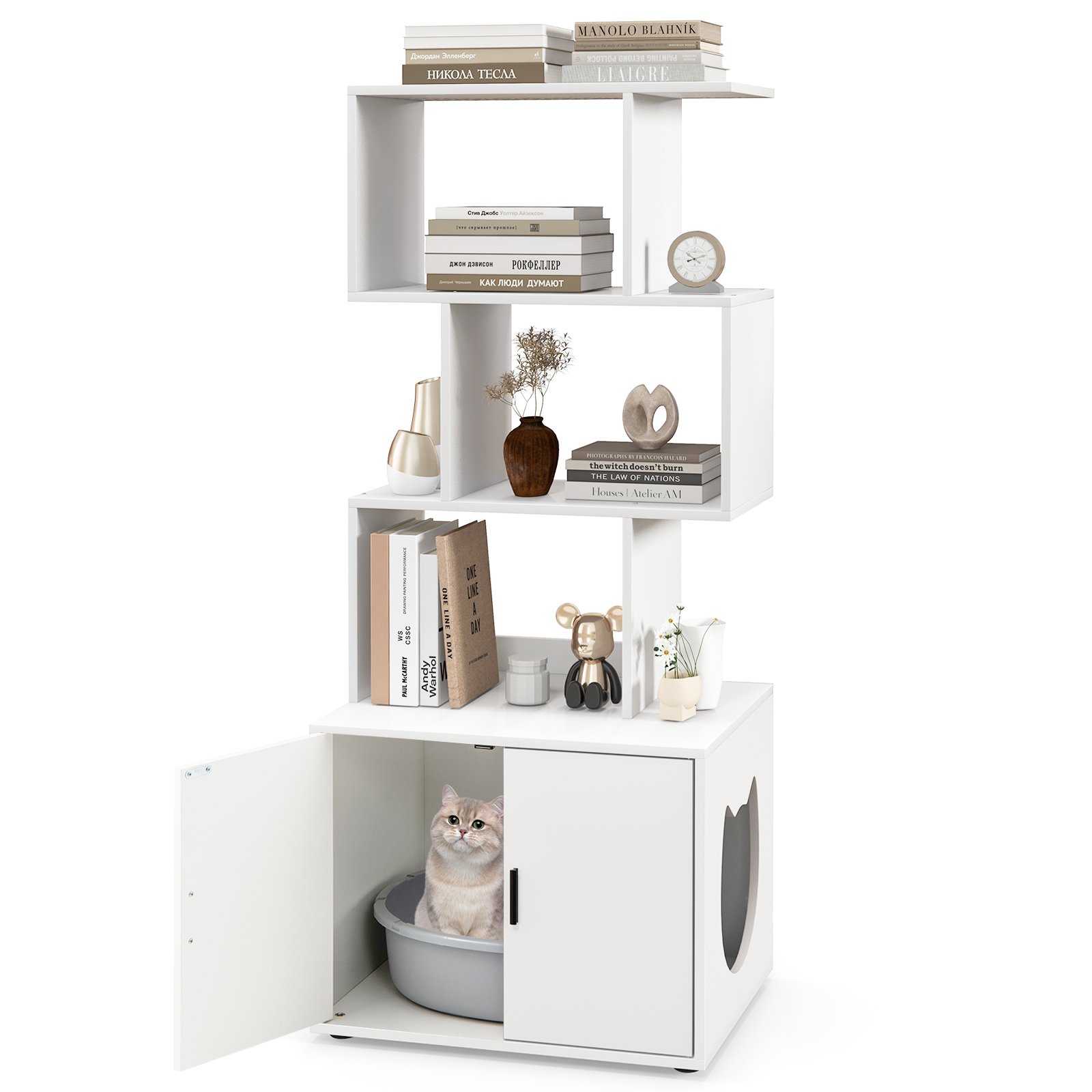 COOV 2-in-1 Hidden Cat Litter Box Enclosure with 3 Open Shelves-White
