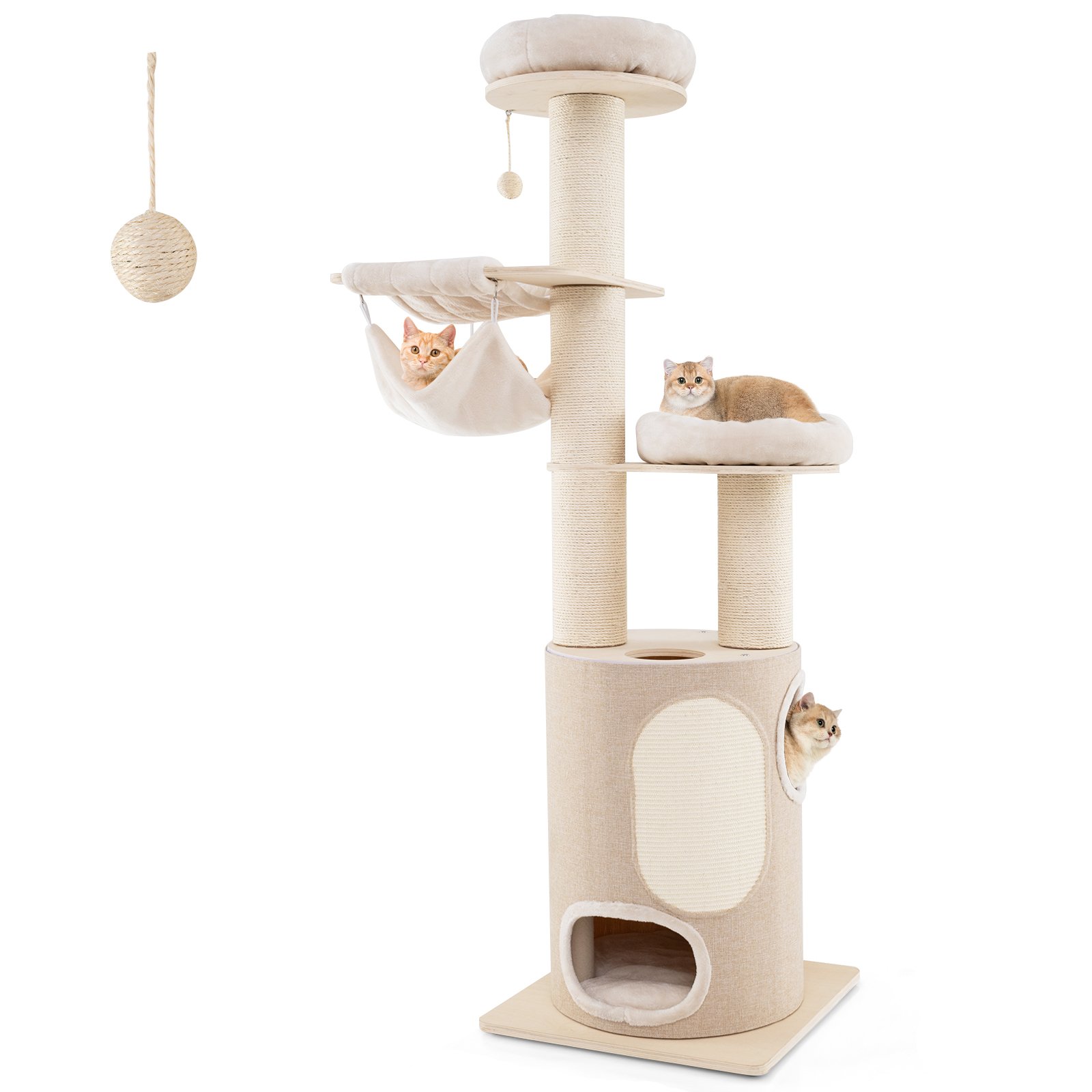 Cat Furniture - 187 cm Tall Wooden Cat Tower Tree with 2-Story Cat Condo-Natural
