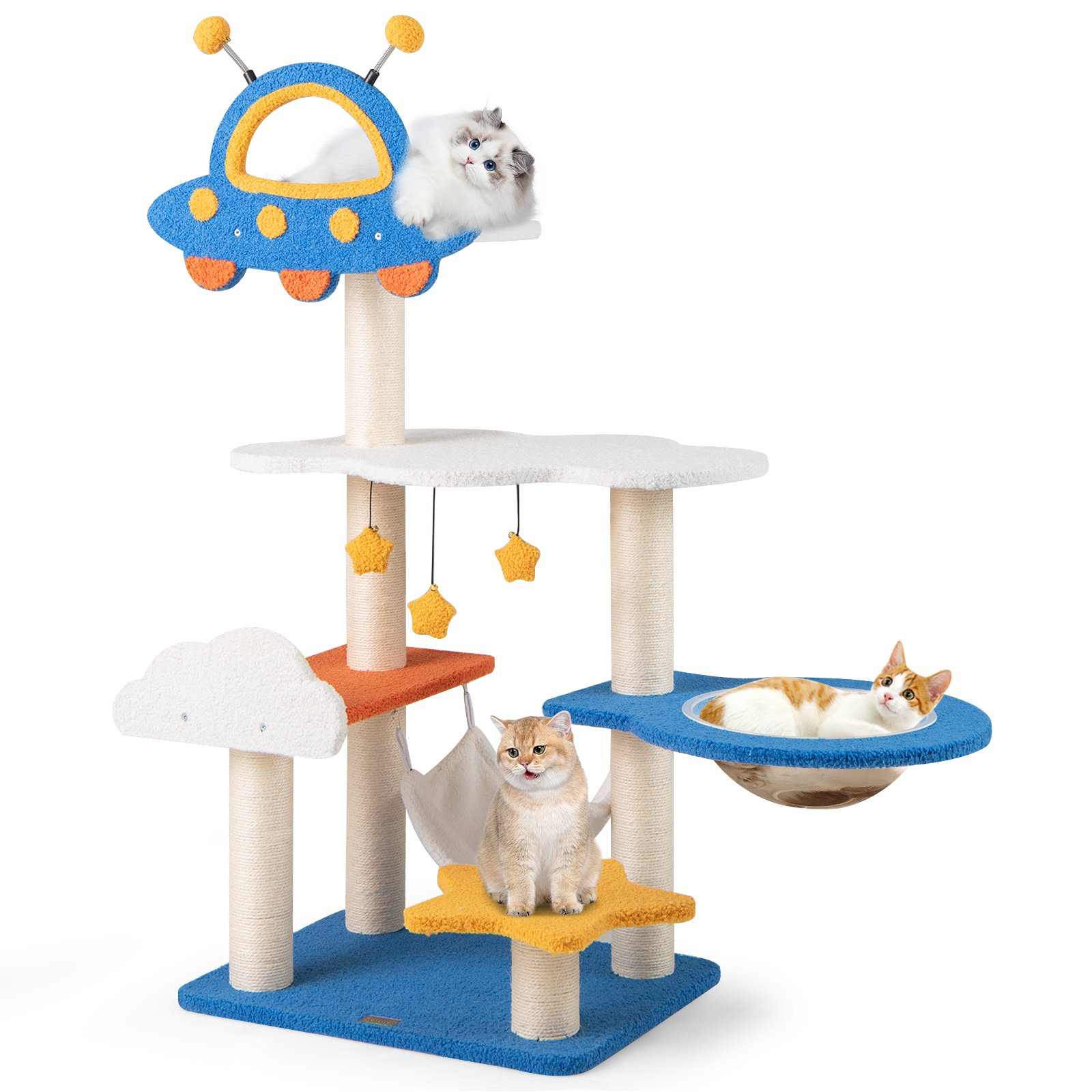 Cat Furniture - 124cm Tall Cat Tree with UFO Top Perch and Space Capsule-Blue