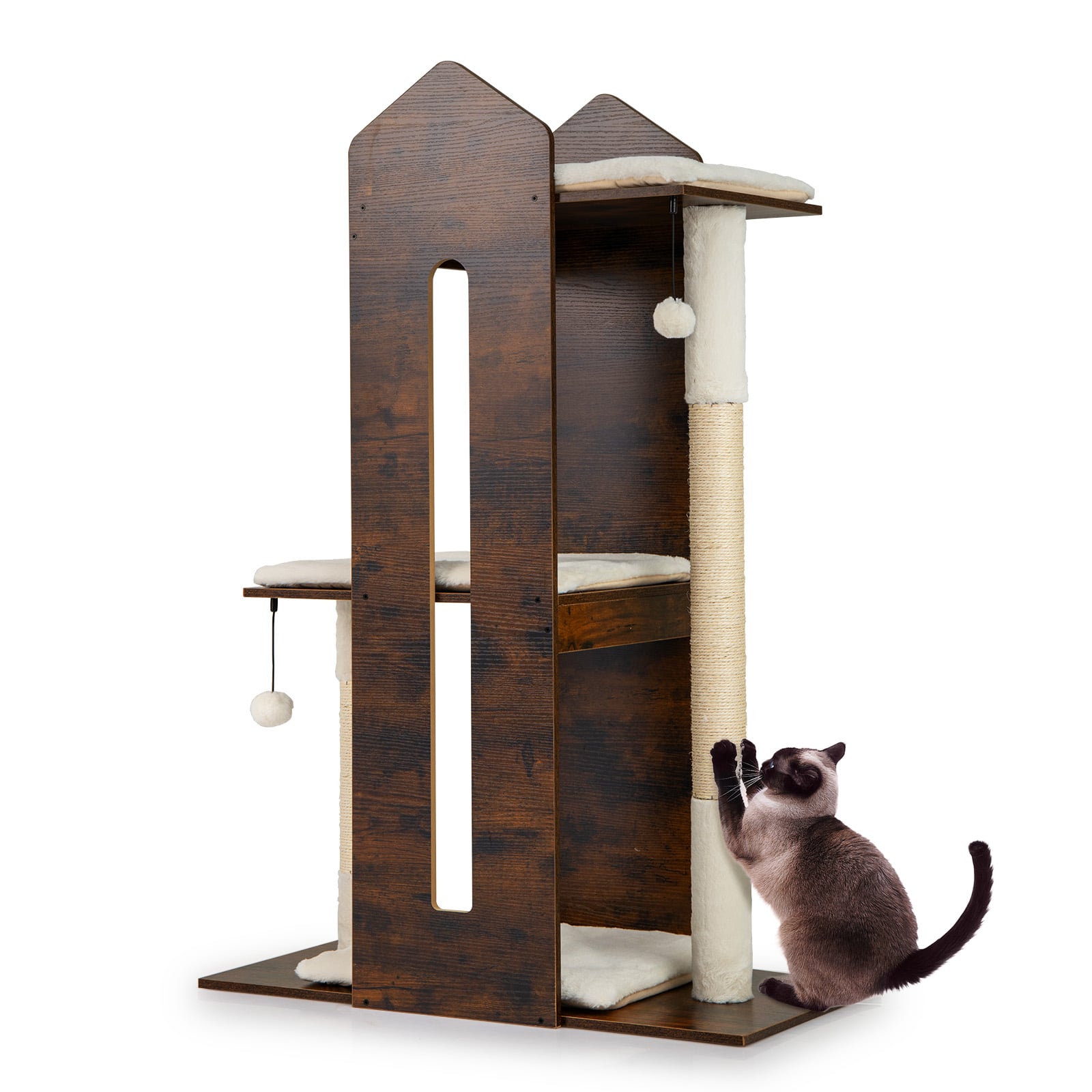 Wooden Cat Tree with Scratching Posts & Toys-Rustic Brown