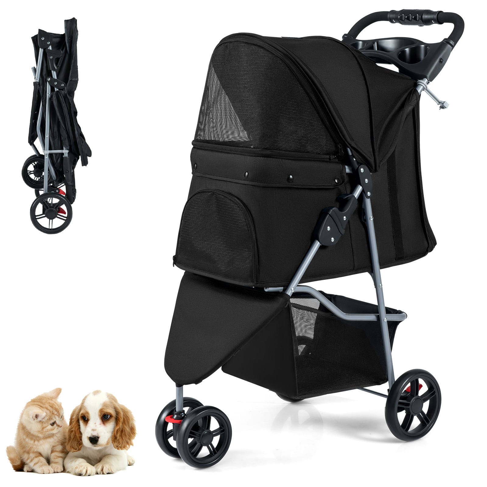 DOVIX Pet Stroller with Adjustable Canopy and 3 Shock-absorbing Wheels-Black