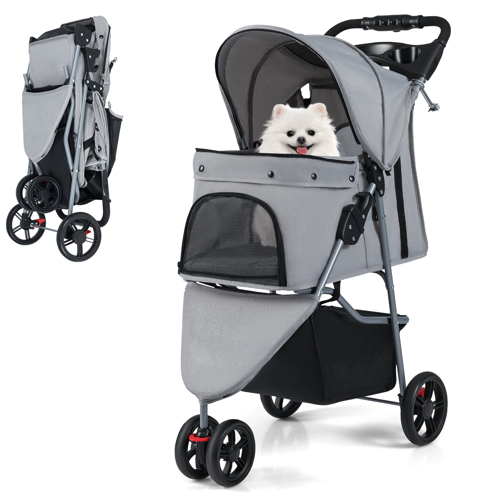 DOVIX Pet Stroller with Adjustable Canopy and 3 Shock-absorbing Wheels-Grey