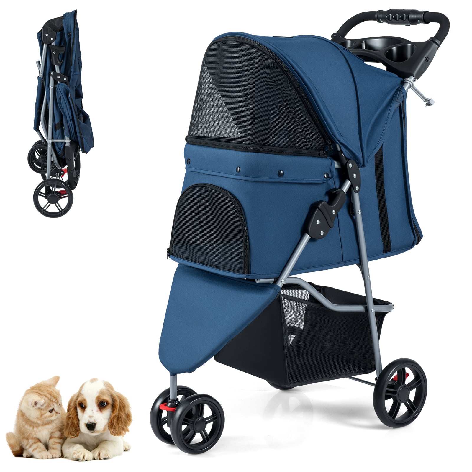 DOVIX Pet Stroller with Adjustable Canopy and 3 Shock-absorbing Wheels-Navy