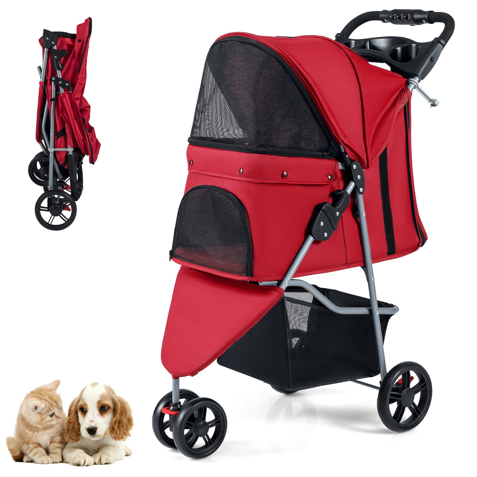 DOVIX Pet Stroller with Adjustable Canopy and 3 Shock-absorbing Wheels-Red