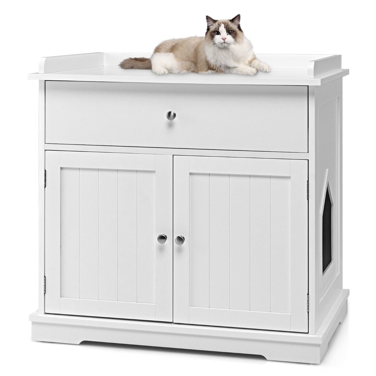 UREL Large Wooden Cat Litter Box Hidden Washroom Toilet with Drawer-White