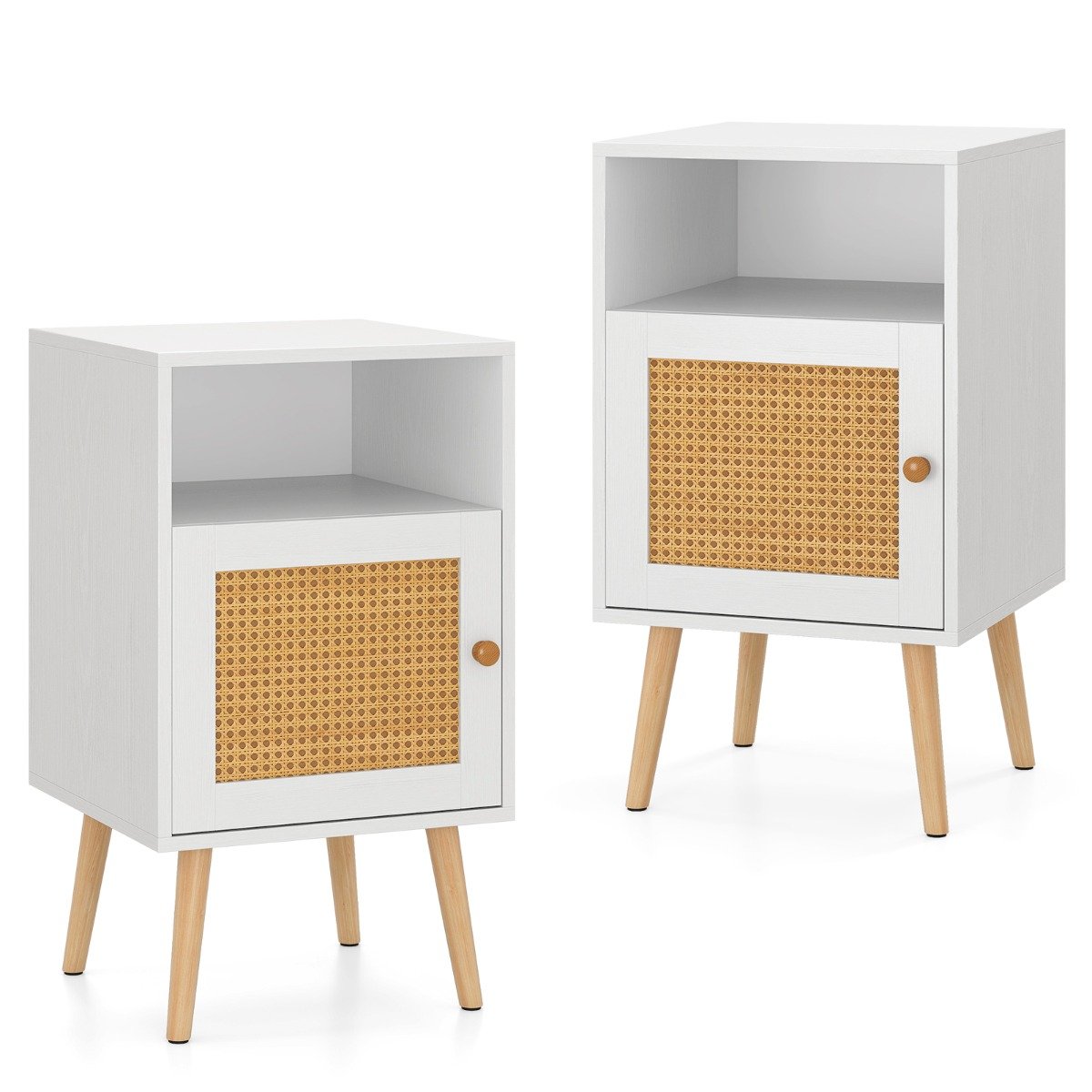 NERIDA Rattan Nightstand with Storage and PE Rattan Decorated Door-White-2 Pack