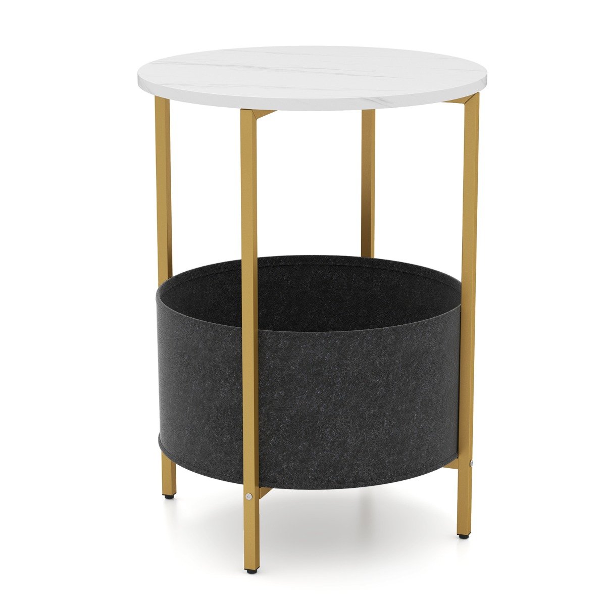 AURXO Round End Table for Small Space with Removable Fabric Basket and Metal Frame-White