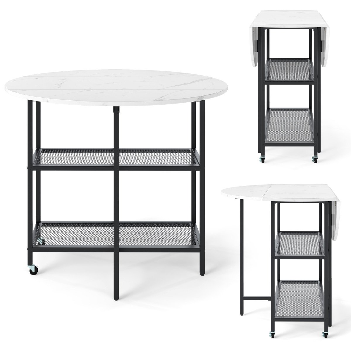 ANSI Round Kitchen Table Modern Dining Table with Drop Leaf Tabletop-White