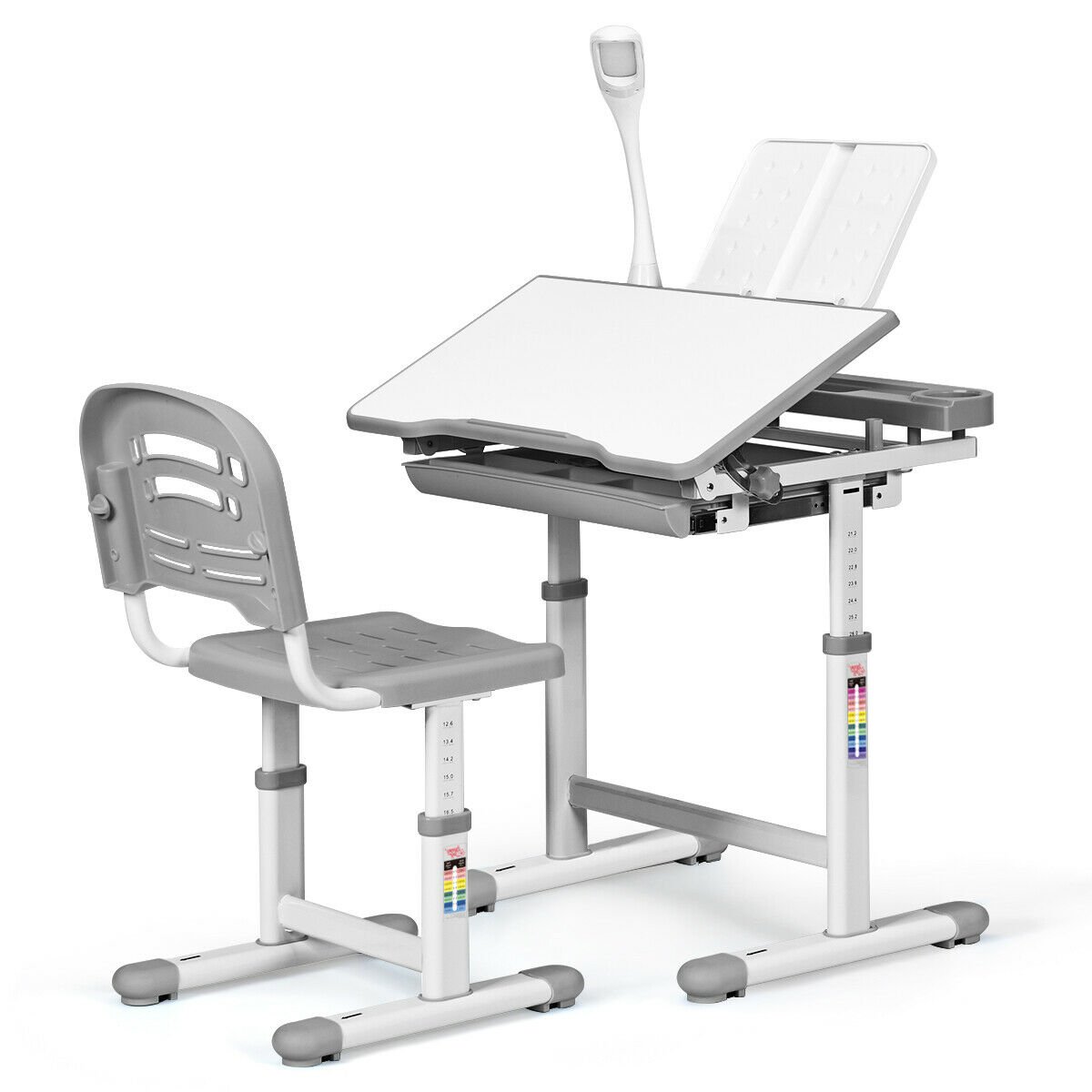 Kids Furniture - Height Adjustable Kids Study Desk Table Chair Set with Lamp-Grey