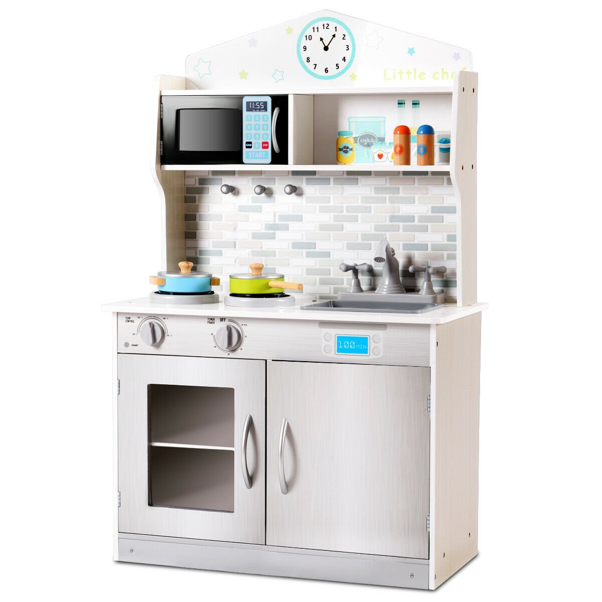 Kids Kitchen Toy - Wooden Play Kitchen with Utensil Set