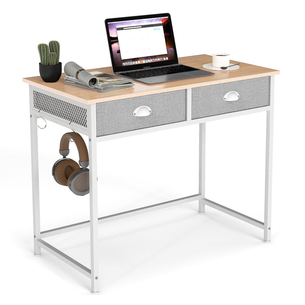 SIIN Space Saving Computer Desk with 2 Fabric Drawers-Natural