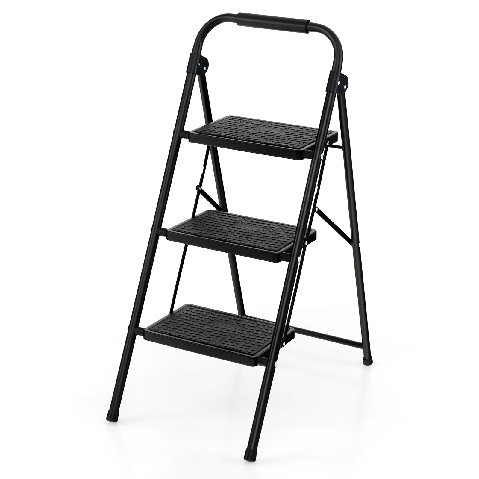 Folding Portable 3 Step Ladder with Anti-Slip Pedal and Handle - Black