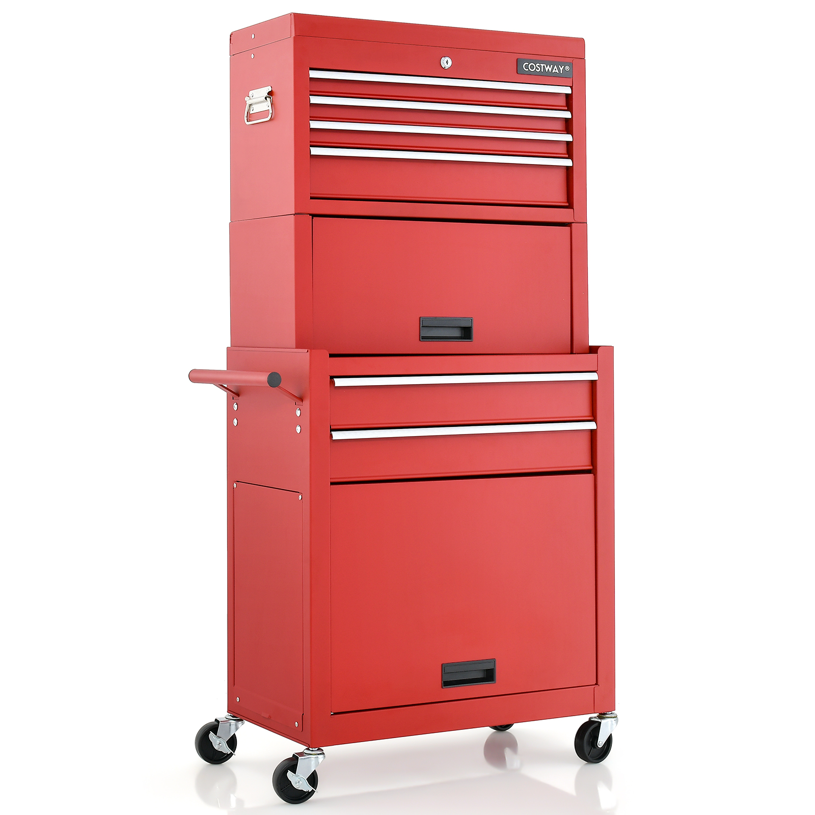 Lockable Tool Storage Cabinet with Handle, Drawers, Wheels and EVA Liner-Red & Black