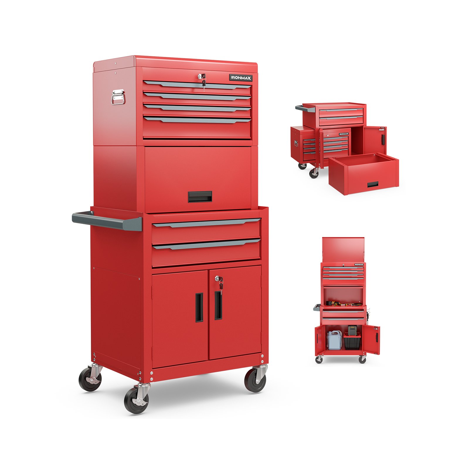 Tool Storage Rack - 6-Drawer Rolling Tool Chest with Universal Wheels and Hooks-Red-M