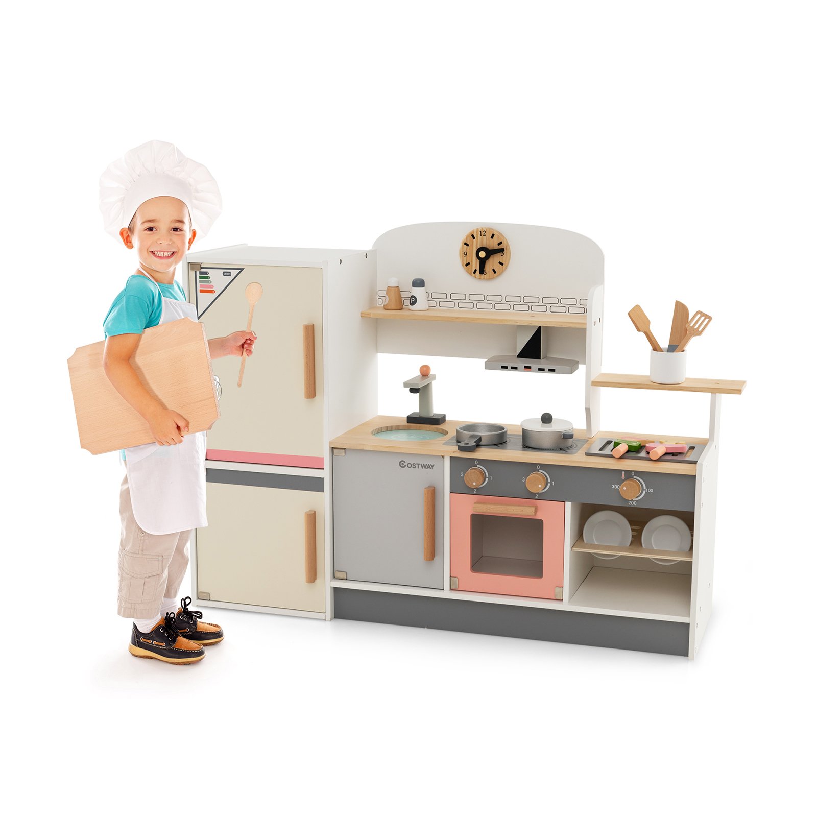 Kids Kitchen Toy - Wooden Pretend Kids Play Kitchen Set with Realistic Range Hood