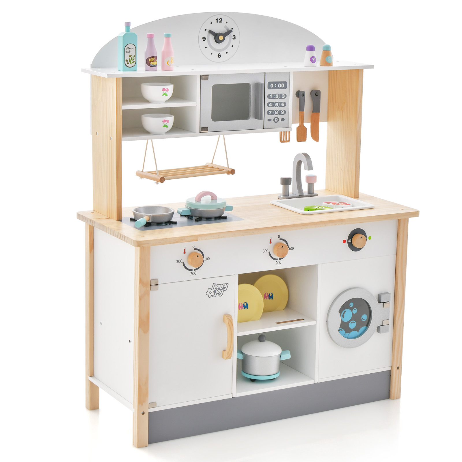 Wooden Kids Play Kitchen Set with Microwave and Washing Machine